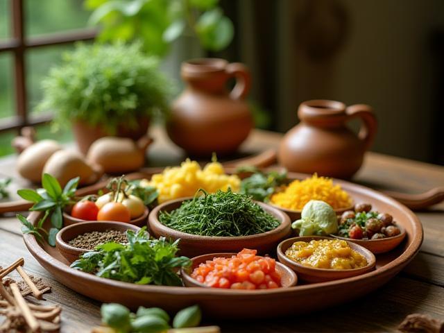 आयुर्वेदिक भोजन के साथ सुंदर फ़ूड सेटअप